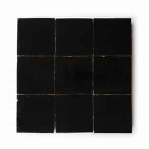 4x4 'Carbon Black' glazed terra-cotta zellige, 3/8 inch thick, 10.76 square feet per box (100 tiles)