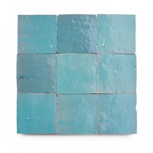 4x4 'Glacier Blue' glazed terra-cotta zellige, 3/8 inch thick, 10.76 square feet per box (100 tiles)