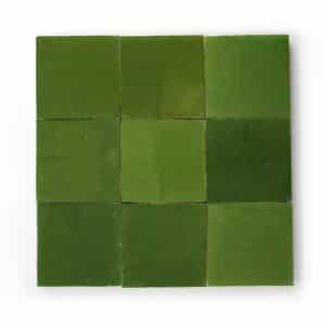 4x4 'Prairie Green' glazed terra-cotta zellige, 3/8 inch thick, 10.76 square feet per box (100 tiles)