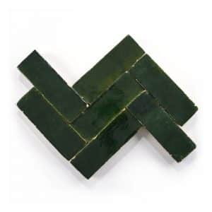 2x6 'Racing Green' glazed terra-cotta zellige, 3/4 inch thick, 7.23 square feet per box (90 tiles)