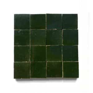 2x2 'Racing Green' glazed terra-cotta zellige, 3/8 inch thick, 10.76 square feet per box (400 tiles)