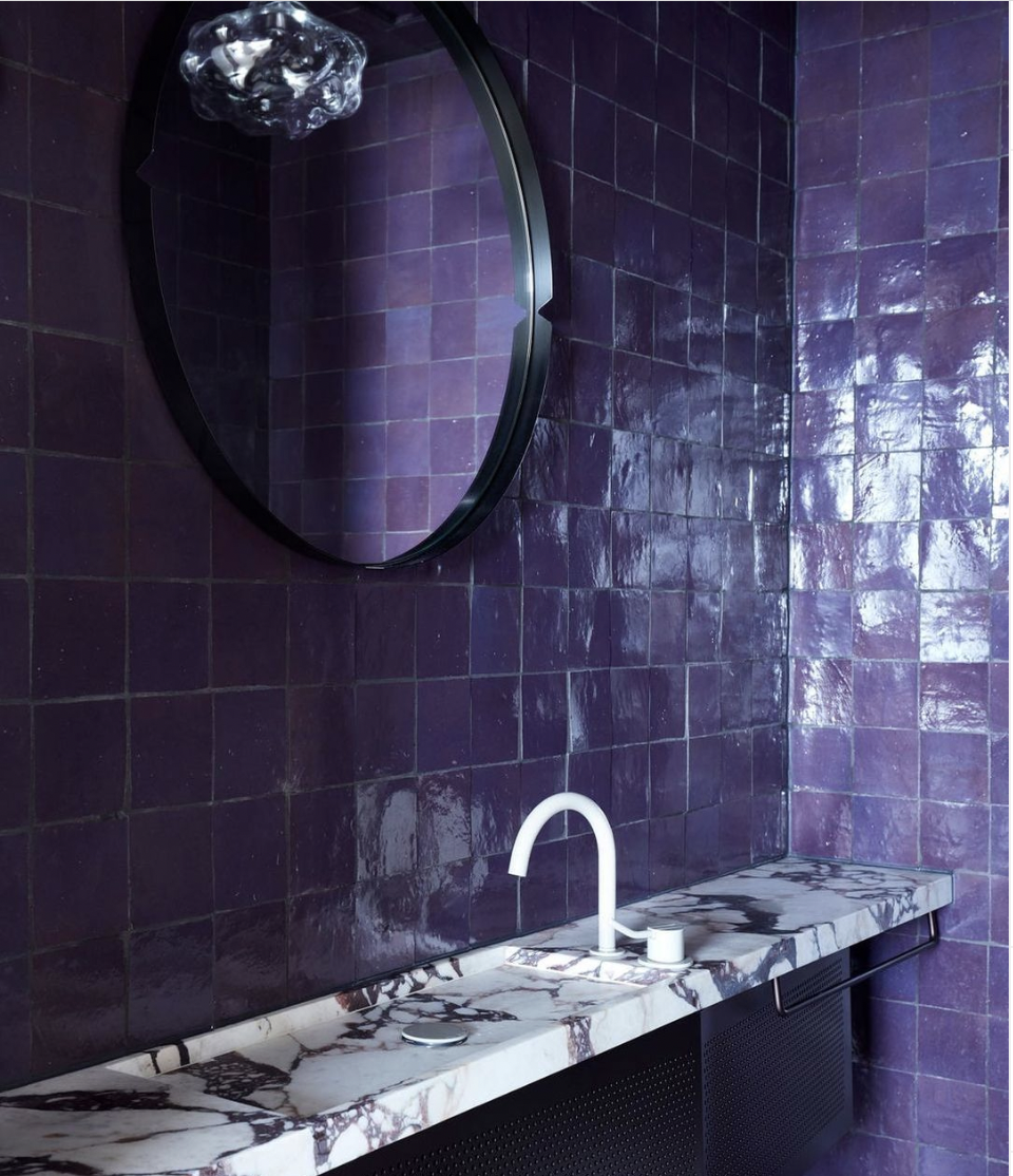 Purple zellige tile bathroom